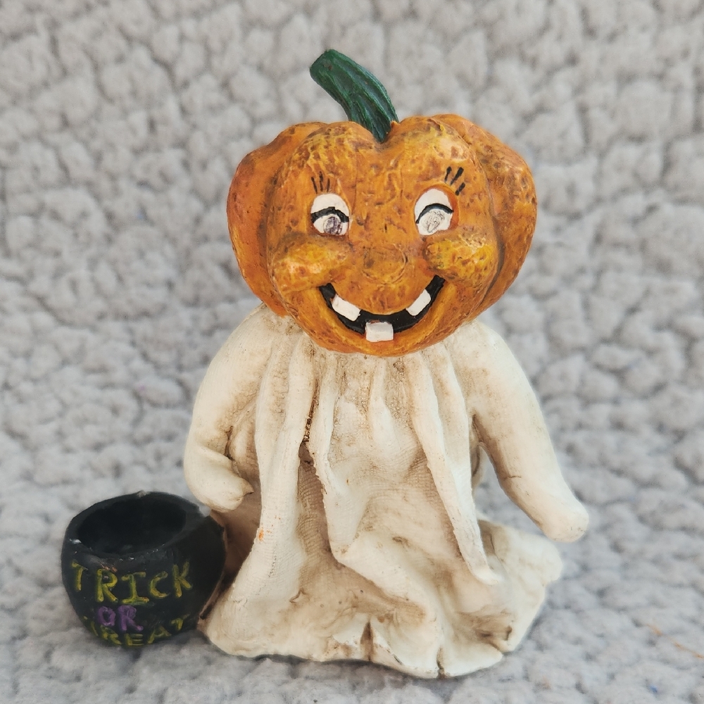 Vintage Halloween 90's Smiling Pumpkin Head Knick Knack with Trick or Treat Bag